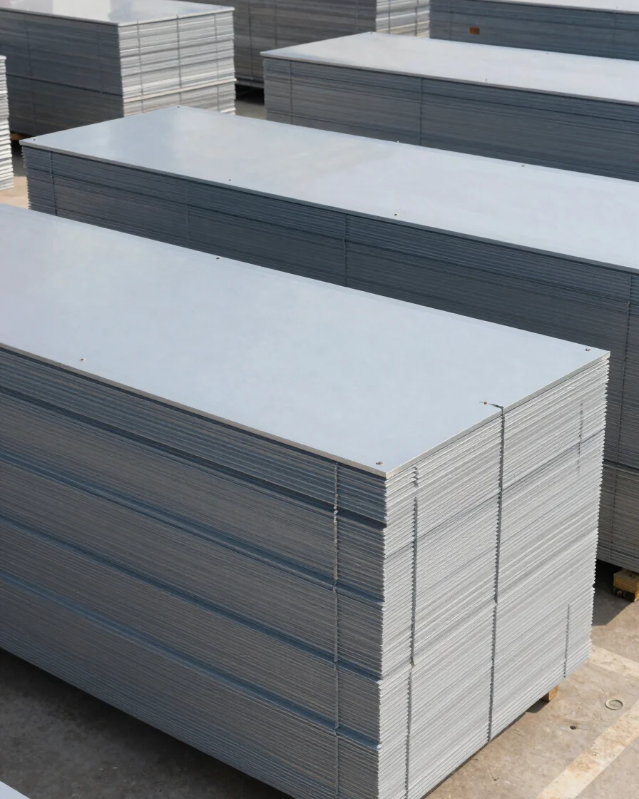 Industrial architectural photography showing clean textured ACP sheets and modern UPVC roof panels stacked neatly in a d
